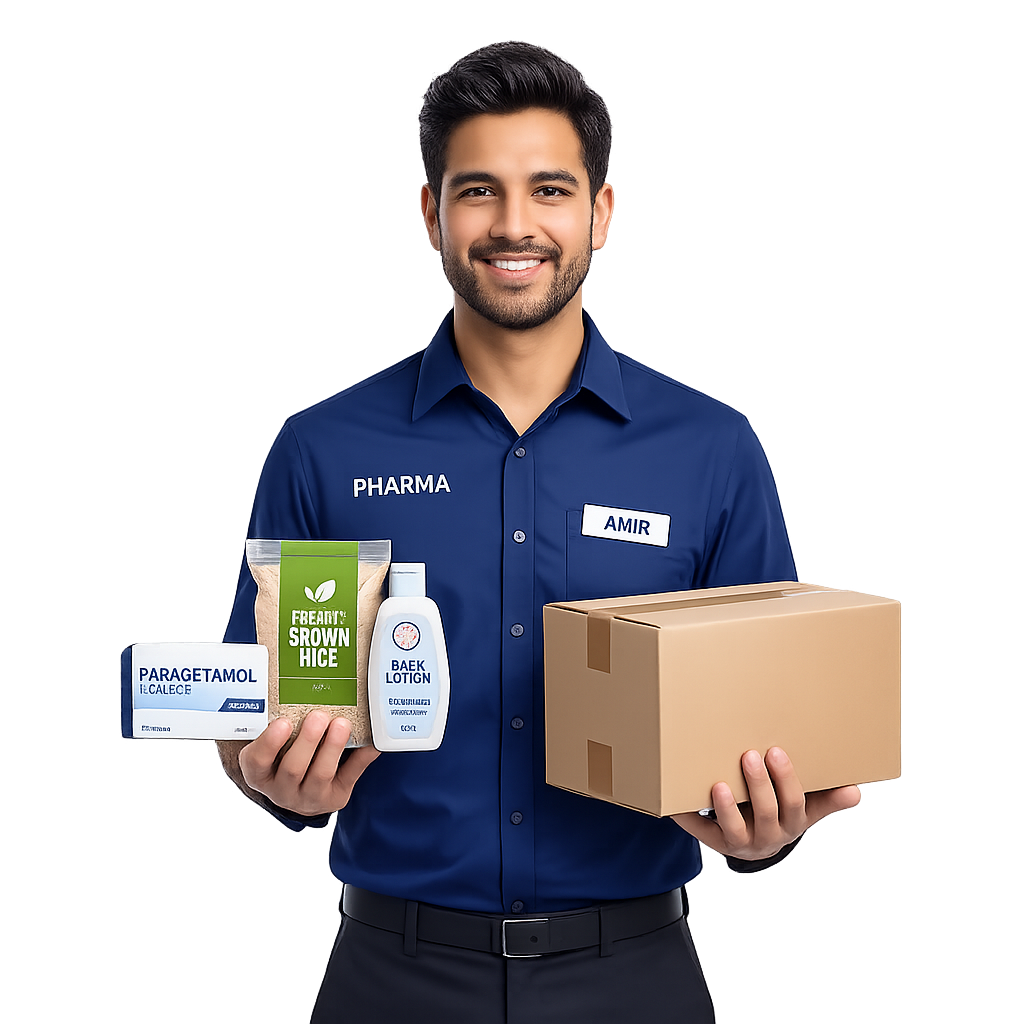 Taj AL Tamam Pharmacy delivery person with medicines, groceries and baby care products
